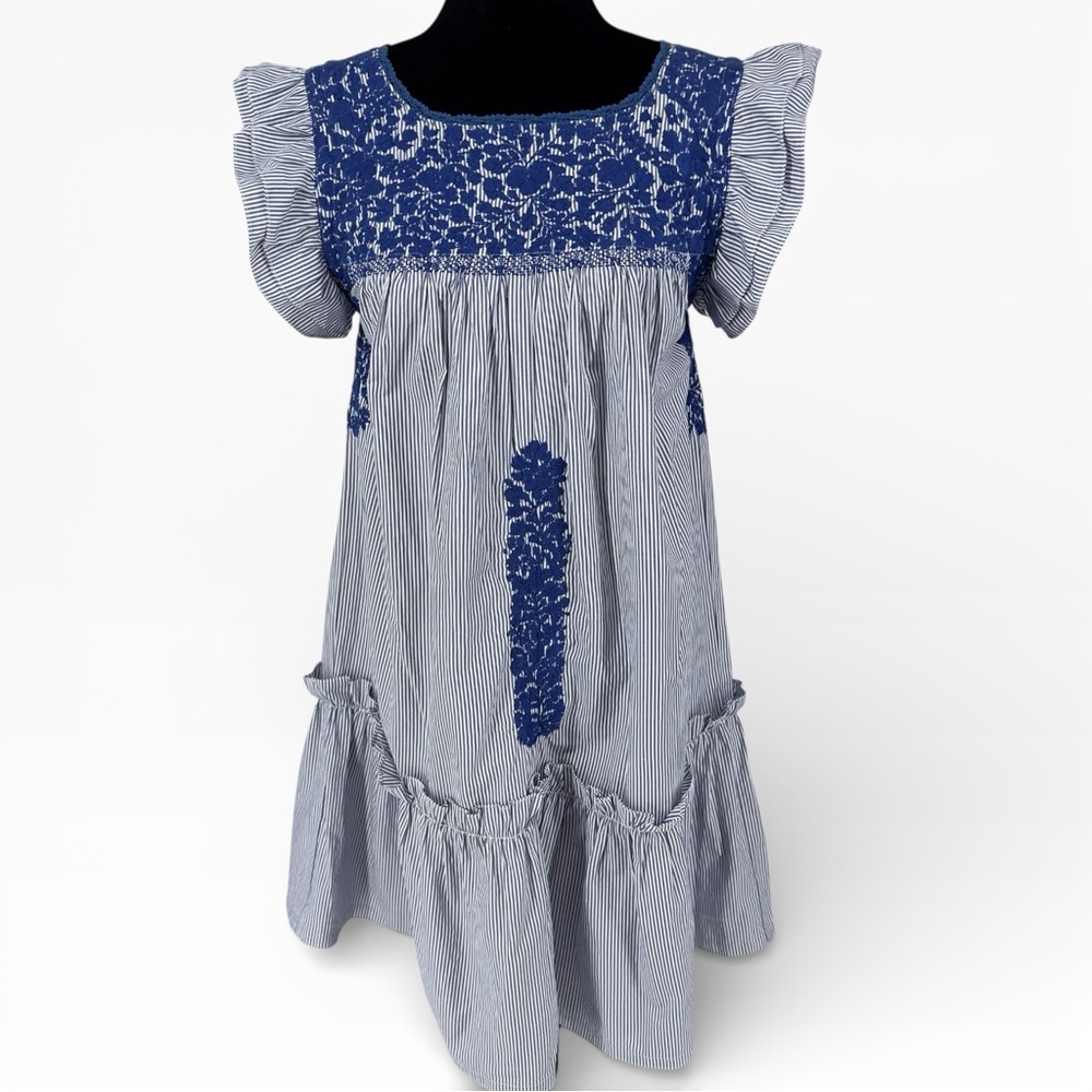 Mi Golondrina Above The Knee Blue And White Dress Mexico Size Small